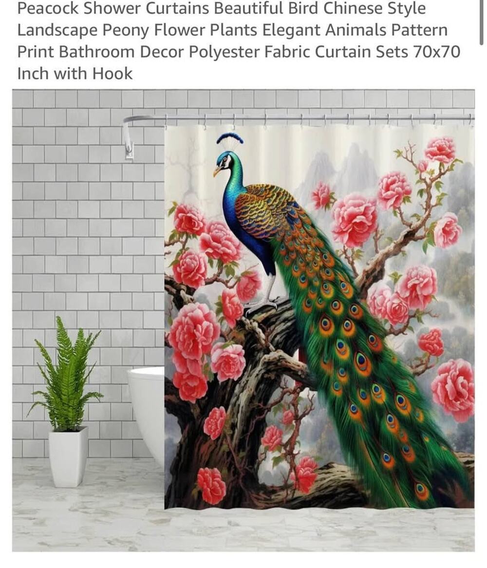 Peacock Shower Curtains Polyester Fabric Curtain Sets 70x70 Inch with Hooks